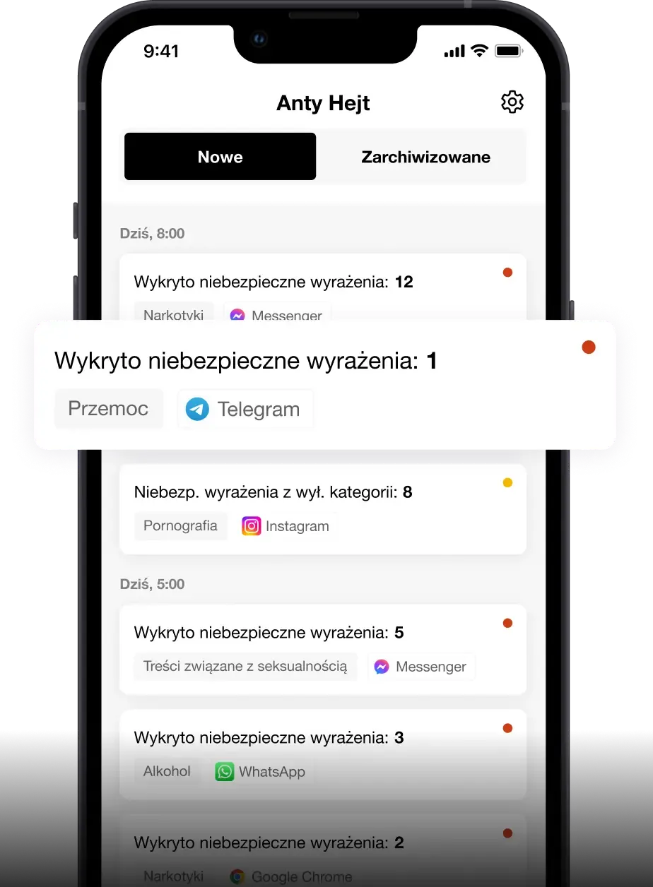 Interfejs aplikacji AntyHejt pokazujący wykryte niebezpieczne treści