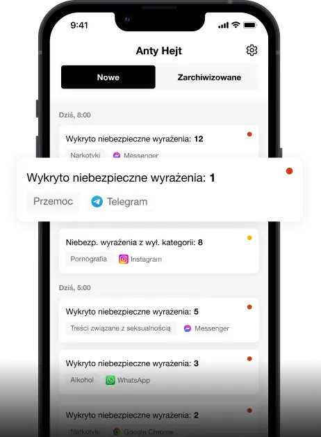 Interfejs aplikacji Anty Hejt pokazujący wykryte niebezpieczne treści