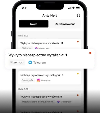 Interfejs aplikacji Anty Hejt pokazujący wykryte niebezpieczne treści